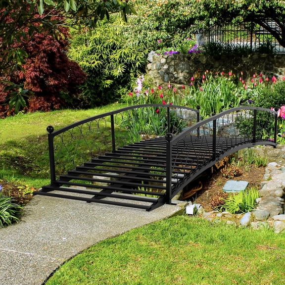 8 FT Metal Garden Bridge - Arc Footbridge with Siderails Extra Long Metal Bridges for Outdoor, Patio, Creek, Stream, Pond, Black