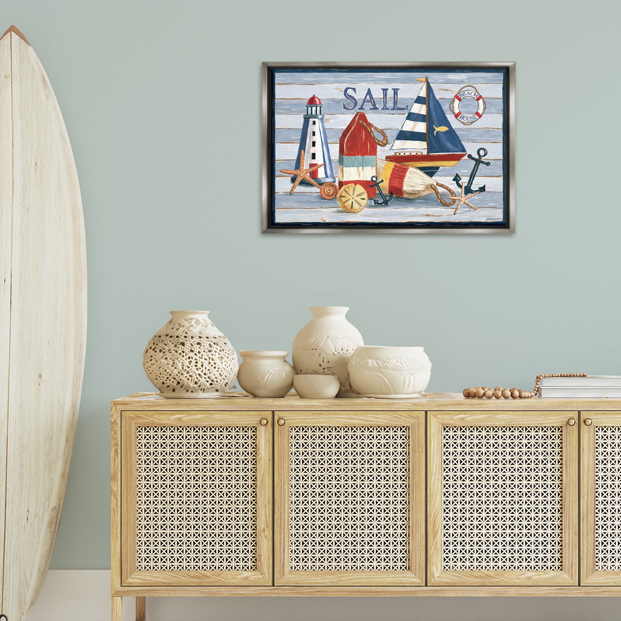 Stupell Industries Striped Nautical Still Life Nautical & Beach Painting Gray Floater Framed Canvas Art Print Wall Art, 31 x 21