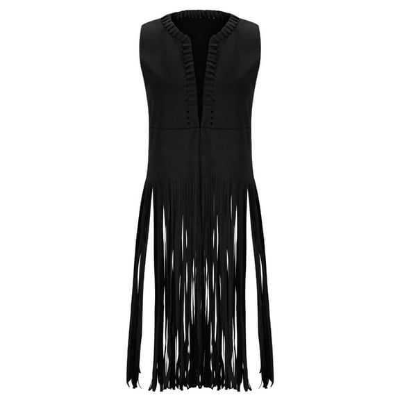 Women's Sleeveless Fringe Vest Faux Suedes Tassels Hippie Costume Jackets Long Cardigan Cowgirl Tops for Festivals Party