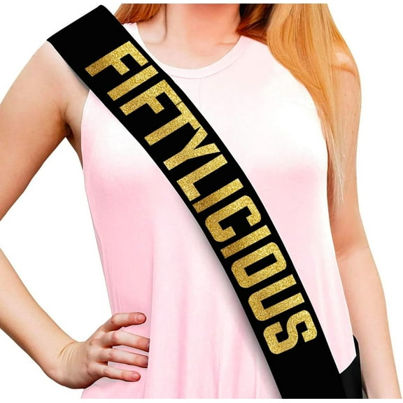 1 pcs Fiftylicious Black and Gold Glitter Satin Sash - Happy 50th Birthday Party Supplies, Ideas and Decorations