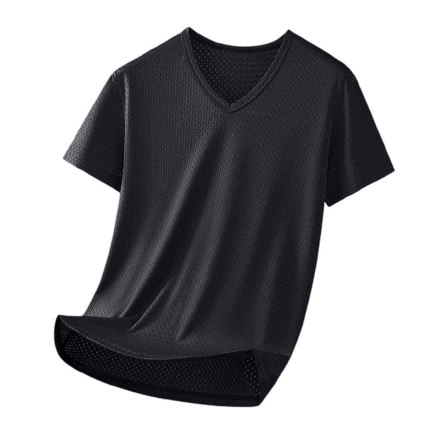 Blusas y camisas de manga corta con cuello en V para hombre, blusa informal de verano a la moda de color liso con cuello en V y tela de malla.