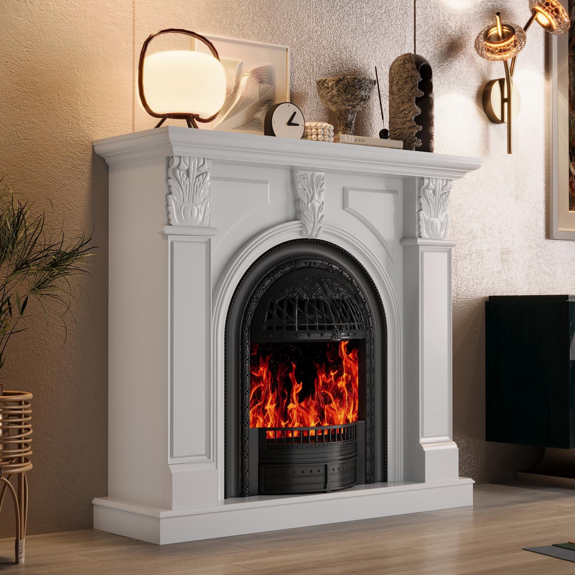 BOSHIRO Electric Fireplace with Mantel, 48 Inch Fireplace Tv Stand with Birdcage Fireplace Heater for Bedroom, Entryway Decor
