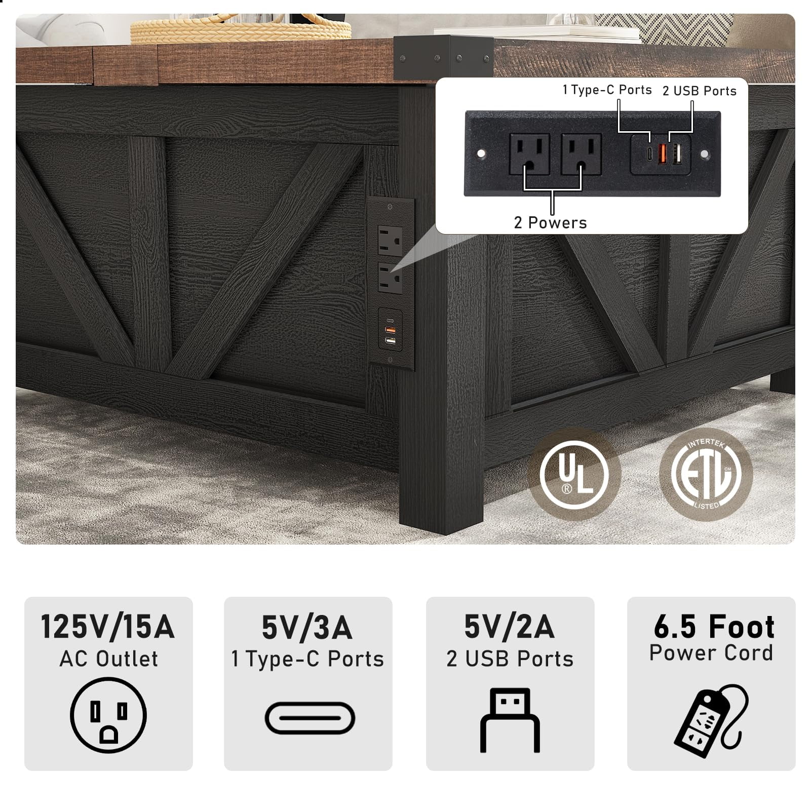 ChVans 35.6" Square Lift Top Coffee Table, Farmhouse Coffee Table with Storage & Charging Ports, Wood Center Table w/Large Hidden Space for Living Room Home Office
