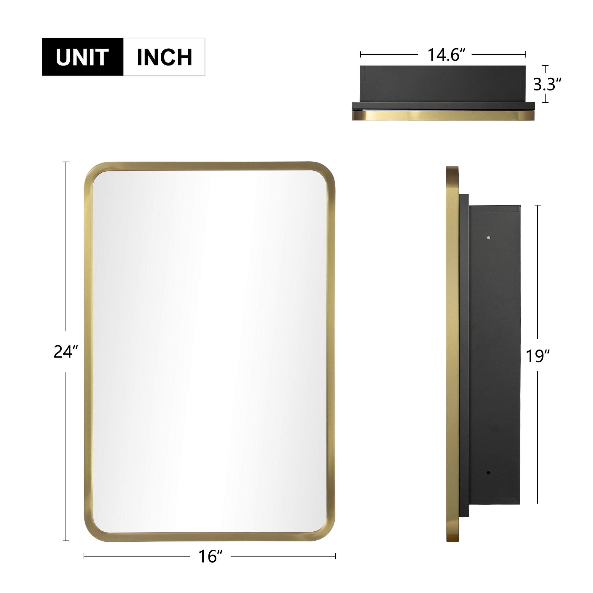 MAYEERTY 10"×7" Model B Gold Iron Rectangular Mirror Cabinet Rounded Corners, Chic Storage for Small Bathrooms