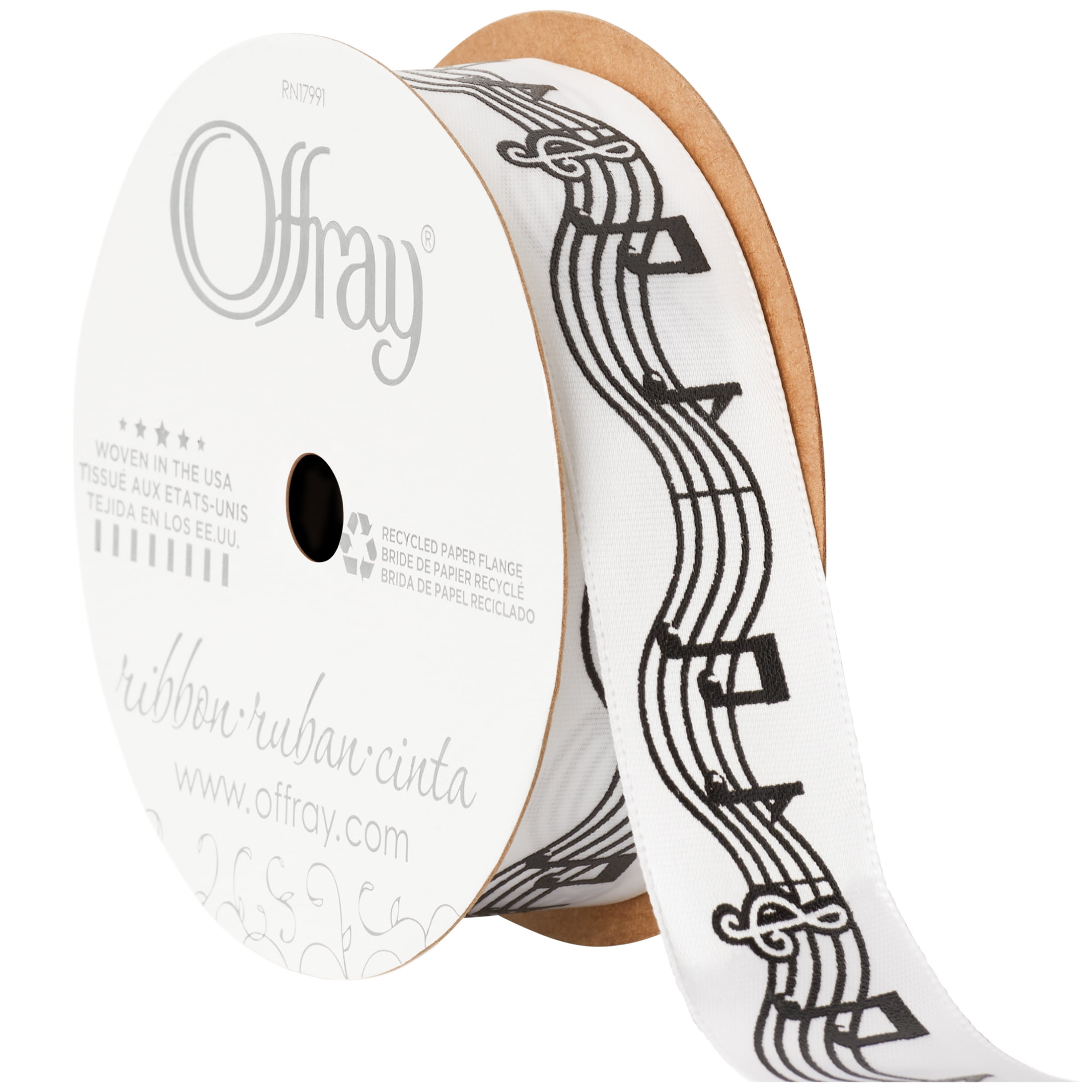 Offray Ribbon, White 7/8 inch Musical Notes Satin Ribbon, 9 feet