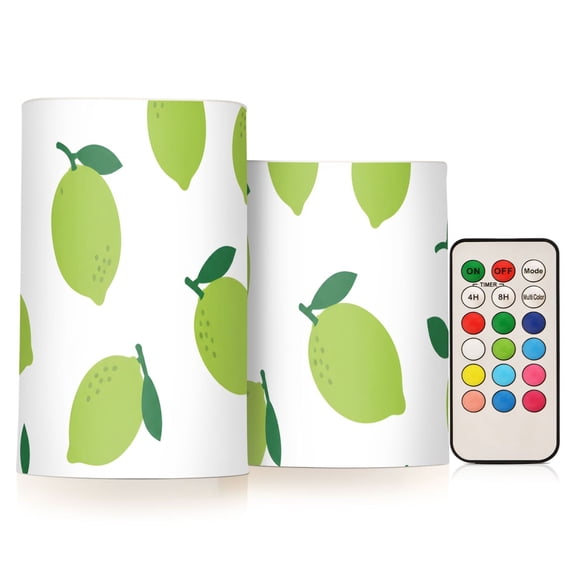 Green Lemon Flameless Candles Flickering with Remote and Timer Battery Operated LED Pillar Candle Set of 2