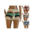 thumbnail image 4 of Women Crochet Hollow-Out Sarongs Contrast Stripe See-Through Knit Beach Shorts Summer Bikini Bottoms Cover Up, 4 of 10