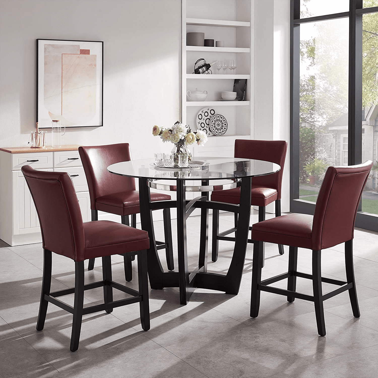 BAXMUY Set of 4 Counter Height Bar Stools, 25.6" Seat, Red, Solid Wood & Faux Leather Bar Chairs for Kitchen Island & Home Bar