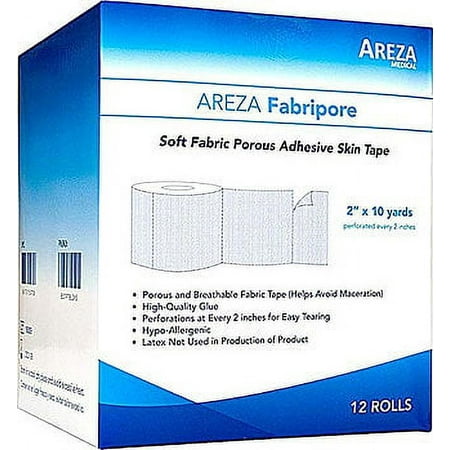 Areza Fabripore Surgical Tape Porous Skin Soft Fabric Cloth Adhesive Tape 2" x 10 Yards - Twielve (12) Non-sterile Rolls