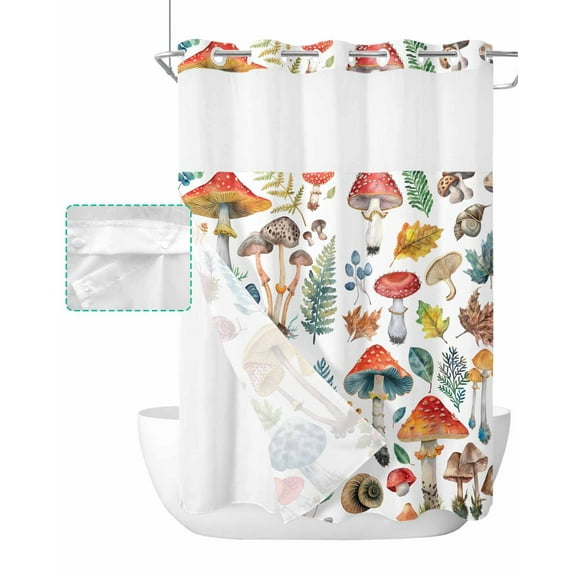 No Hook Shower Curtain with Snap in Liner, Mushroom Spring Summer Plant Leaves Hotel Shower Curtains for Bathroom, Washable Shower Curtain Liner Set with Mesh Top Window, 60"x72"