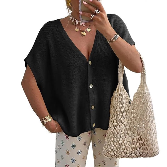 OIOLOYJM Womens Spring Oversized Cardigans Batwing Short Sleeve Button V Neck Sweater Tops Casual Fashion Knit Lightweight Clothes Black S