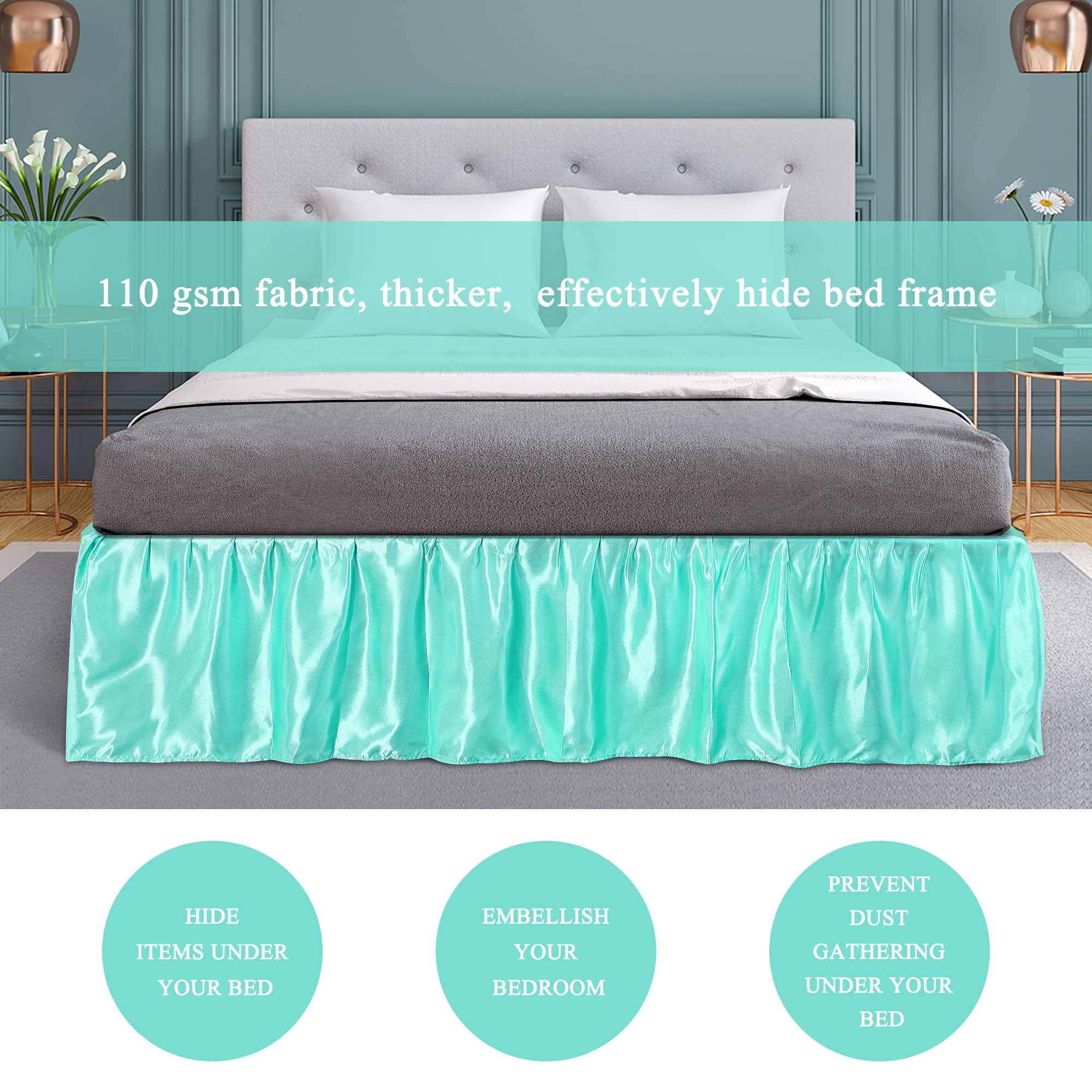 PiccoCasa Satin Silk Wrap Around Bed Skirt Dust Ruffle 18" Drop, King Cyan