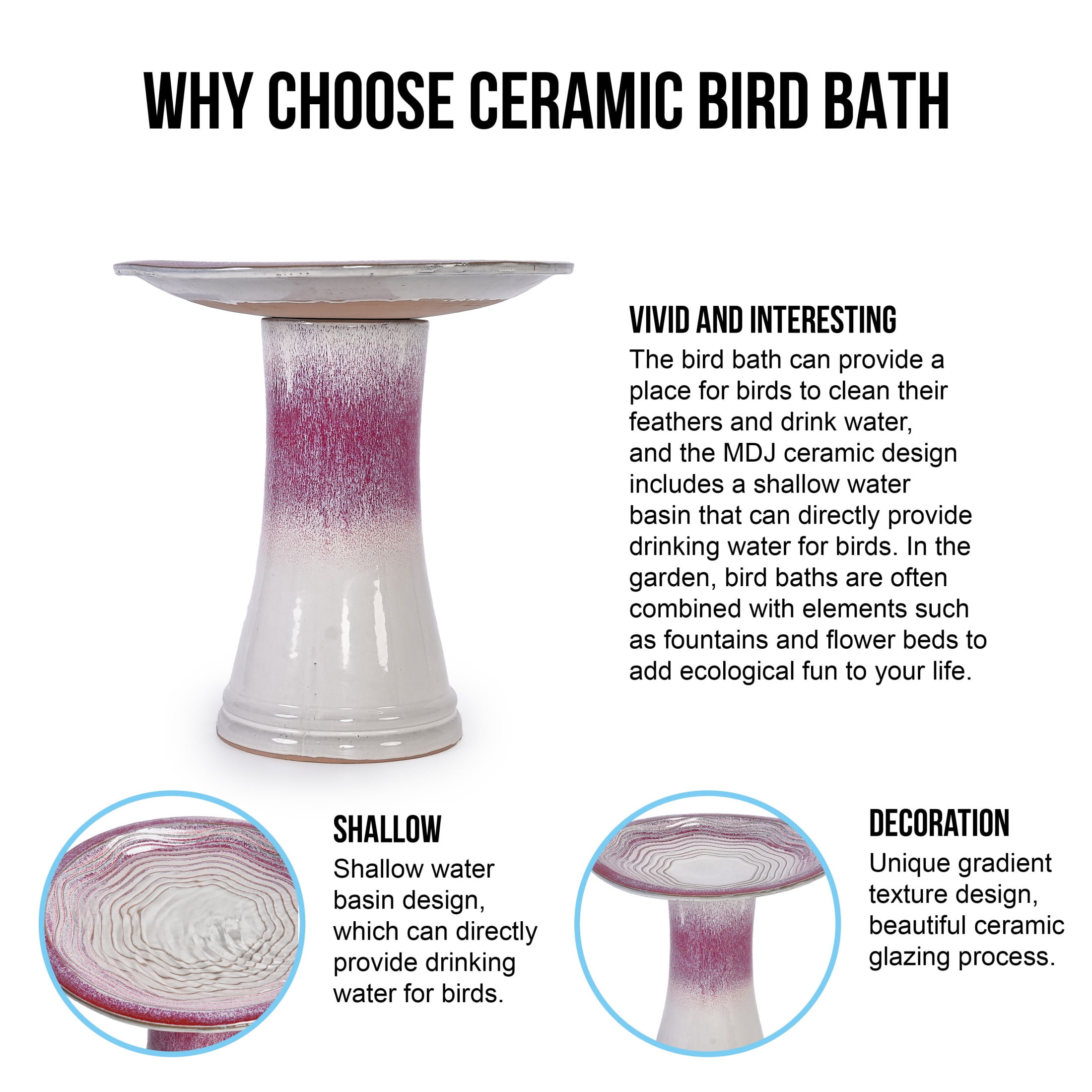 Noble House Barnaby Ceramic Birdbath, Ombre Glaze with Striped Detailing, Modern Outdoor Garden Accent, White + Pink