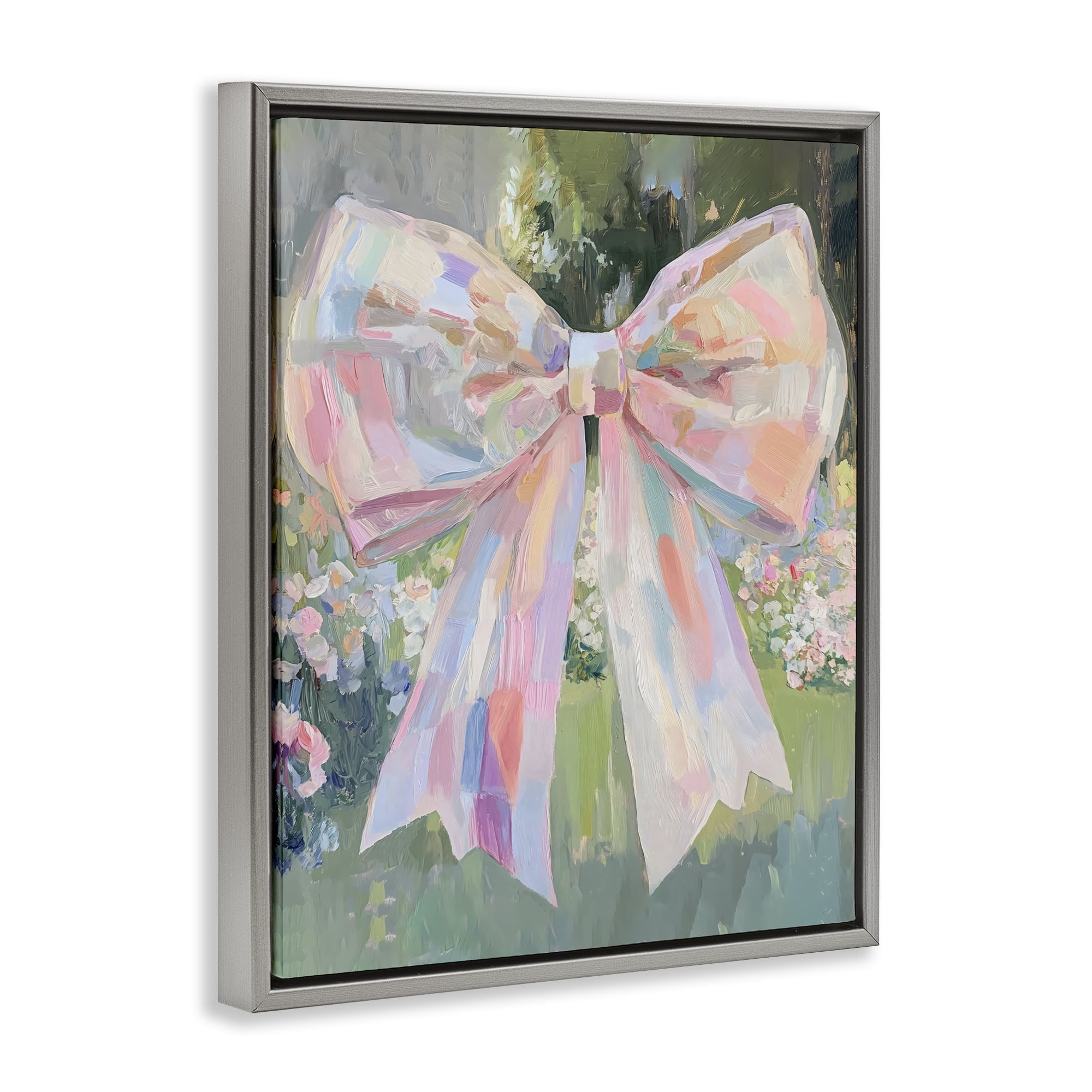 Stupell Industries Iridescent Pink Bow in Garden Gray Framed Floater Canvas Wall Art, design by The Prints Vibe