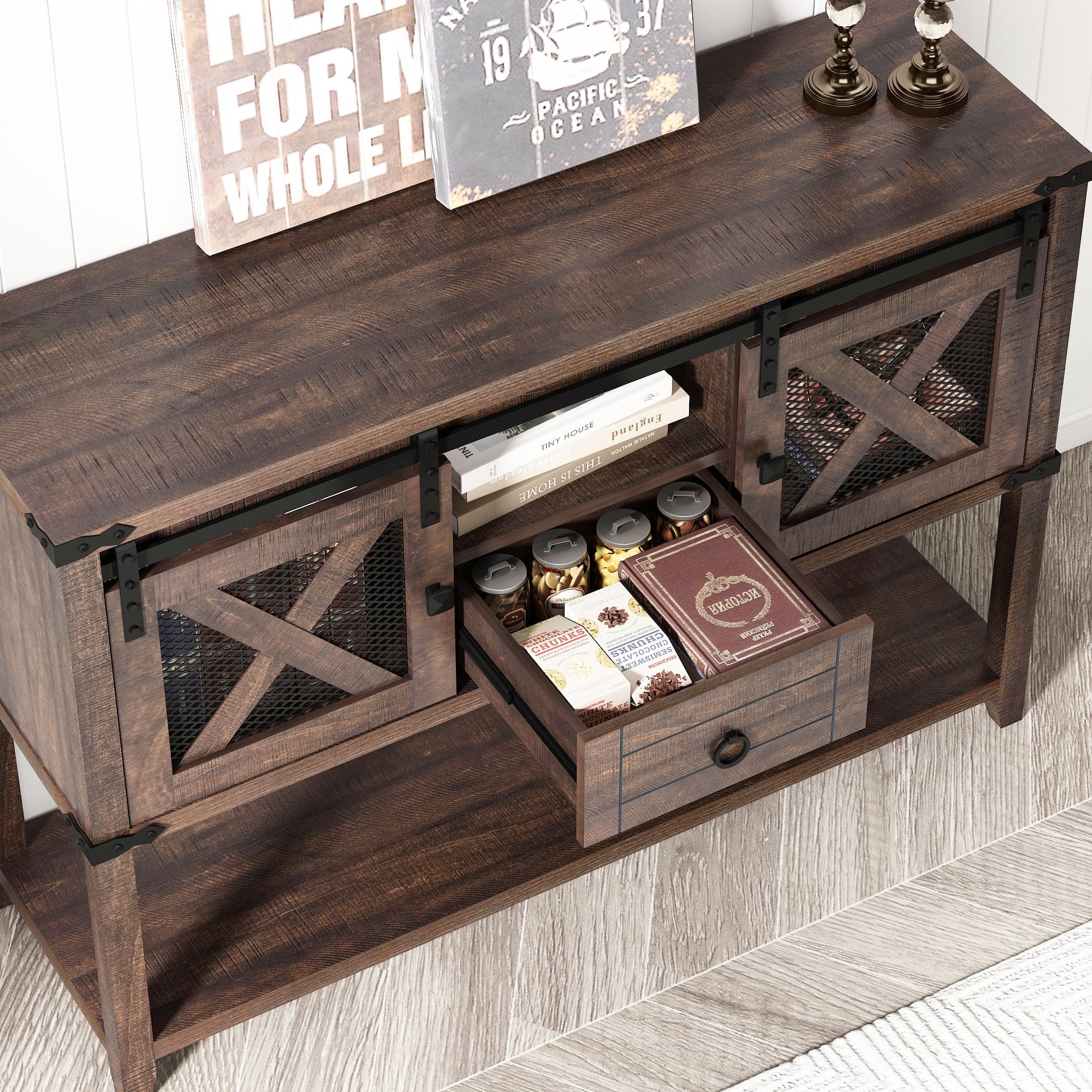 ANPOO Rustic Sofa Table, Large Console Table Entryway Table with 2 Barn Door Cabinets & 1 Drawer for Living Room