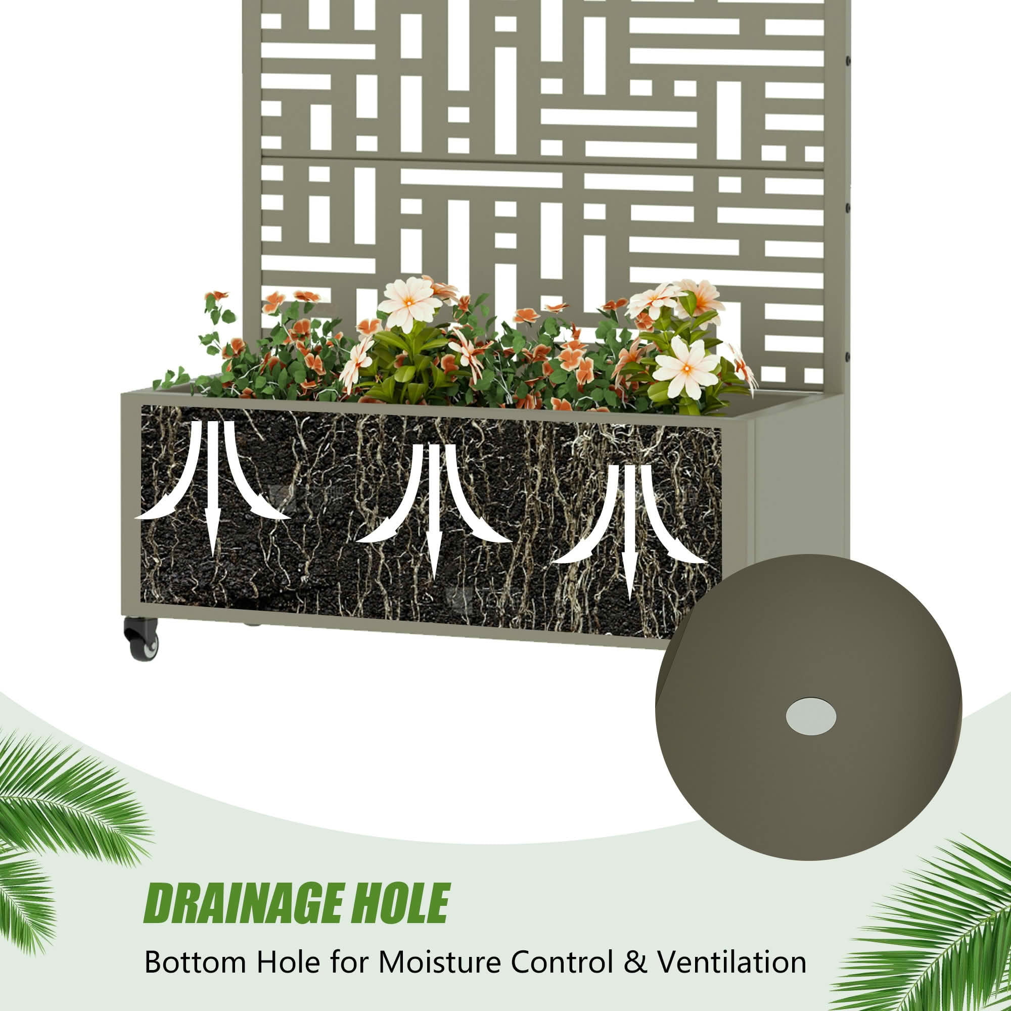 MAYEERTY 72X35" Metal Outdoor Olive Gray Privacy Screen with Planter Box for Backyard & Garden, 5 Piece Set