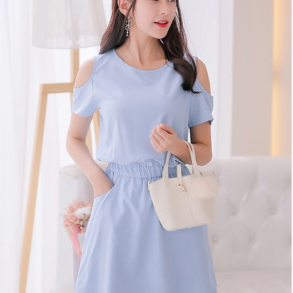 Solid Color One Piece Dress Short Sleeved Above Knee Dress With Elastic Waist Hollow Out Design On Shoulder For Women Walmart Com
