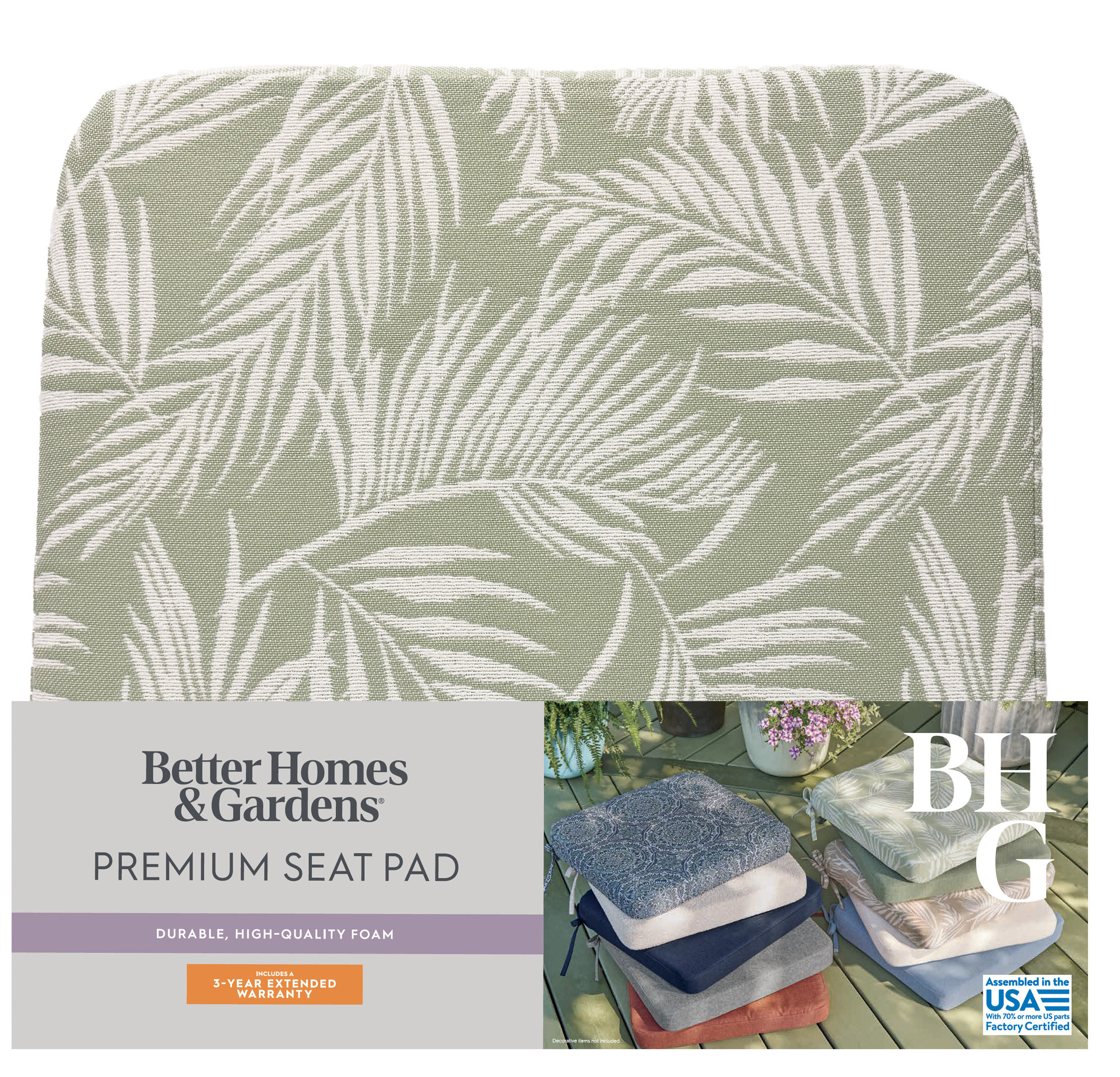 Better Homes & Gardens Outdoor Seat Pad Cushion, 19 in x 18 in, Palm Green