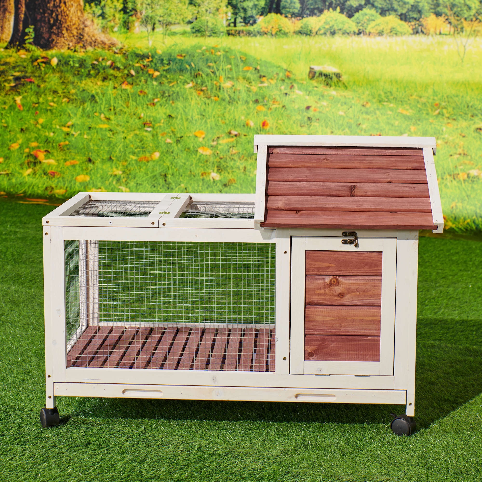 Kepooman 40.7" Wooden Rabbit Hutch, Indoor Bunny Cage with Pull Out Tray, 4 Casters Include, Auburn Kepooman 40.7" Wooden Rabbit Hutch, Indoor Bunny Cage with Pull Out Tray, 4 Casters Include, Auburn