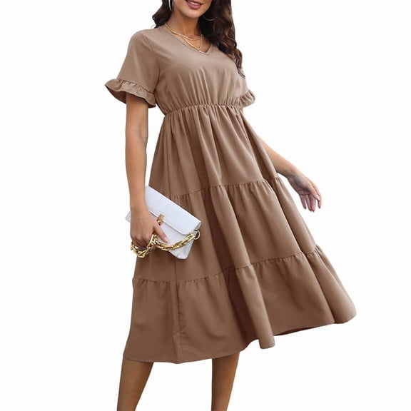 Women'S Casual V-Neck Ruffle Short Sleeve Dress A-Line Flowy Midi Dresses Deep Khaki M
