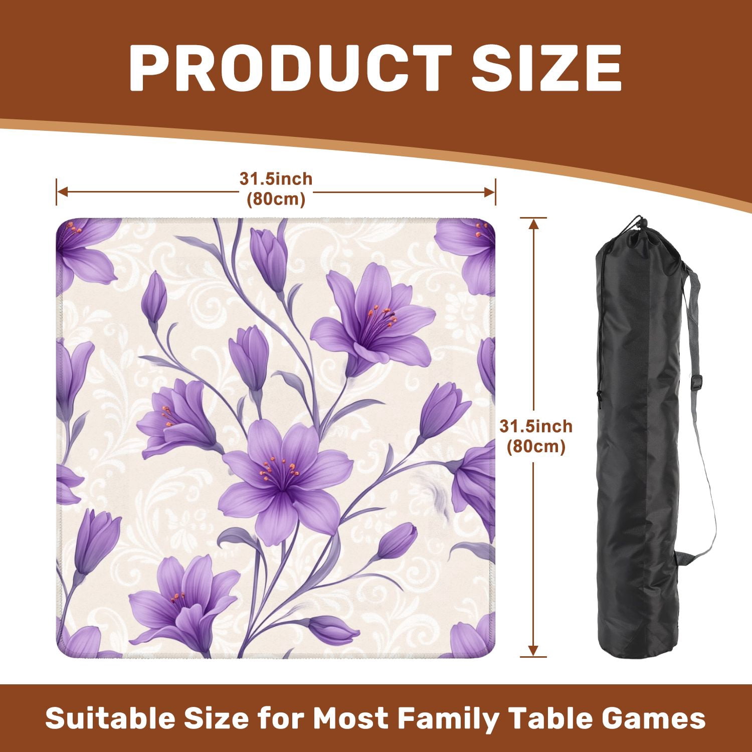 Mahjong Mat 31.5" x 31.5" Purple Floral Elegant Swirls Beige Non-Slip Noise Reduction American Mahjong Tiles Table Cover for Dominoes Poker Card Board Games Gift
