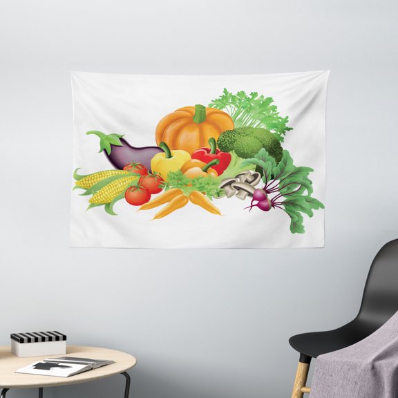 Harvest Tapestry, Cartoon Drawing Style Fall Harvest Yield Fresh and Tasty Vegetables Bell Peppers, Wall Hanging for Bedroom Living Room Dorm Decor, 60W X 40L Inches, Multicolor, by Ambesonne