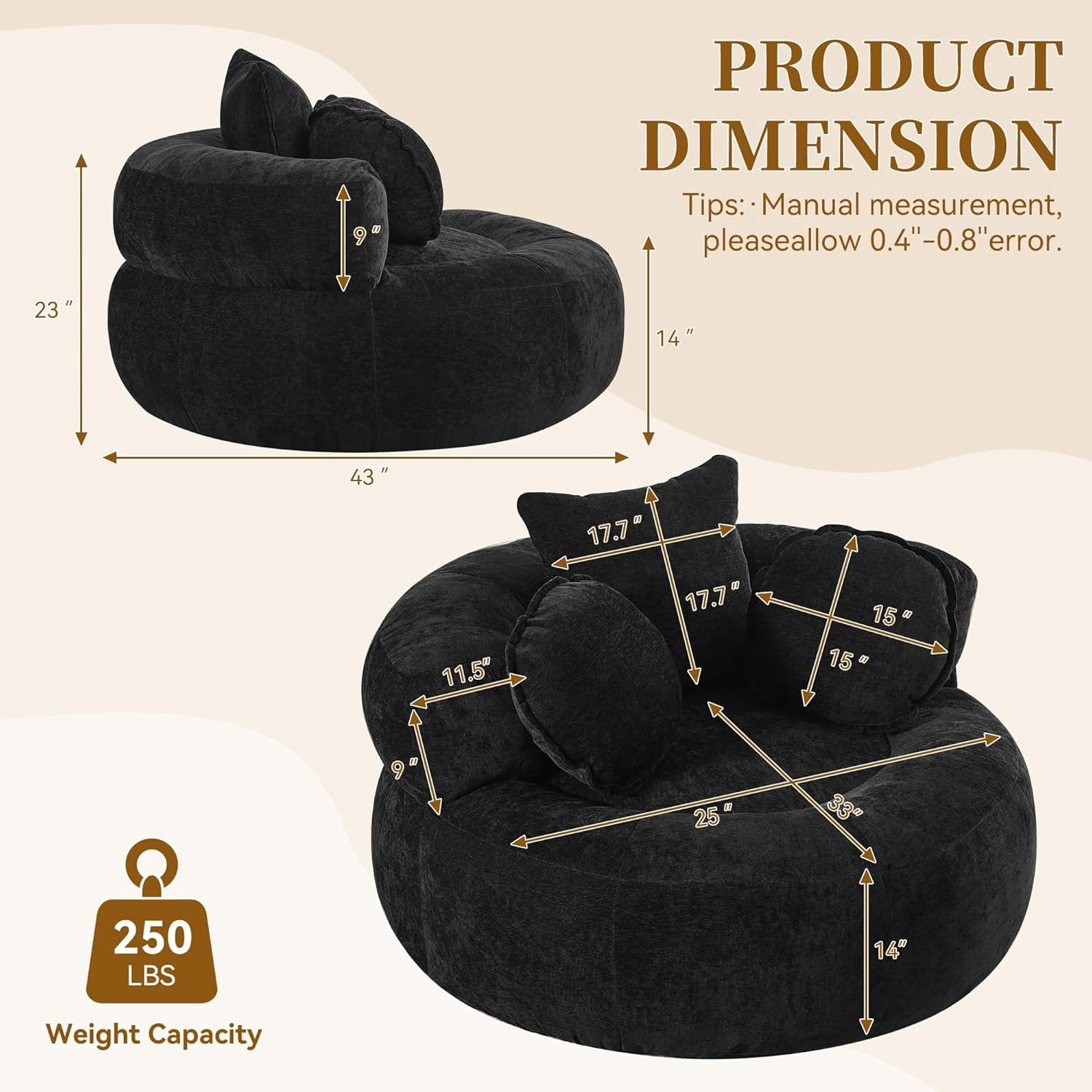 43'' Round Oversized Chaise Lounge Indoor Chair, No Assembly Chenille Compressed Circle Sofa Bed,Comfy Upholstered Sleeper Couch,Lazy Bean Bag Couch for Living Room, Bedroom,Black