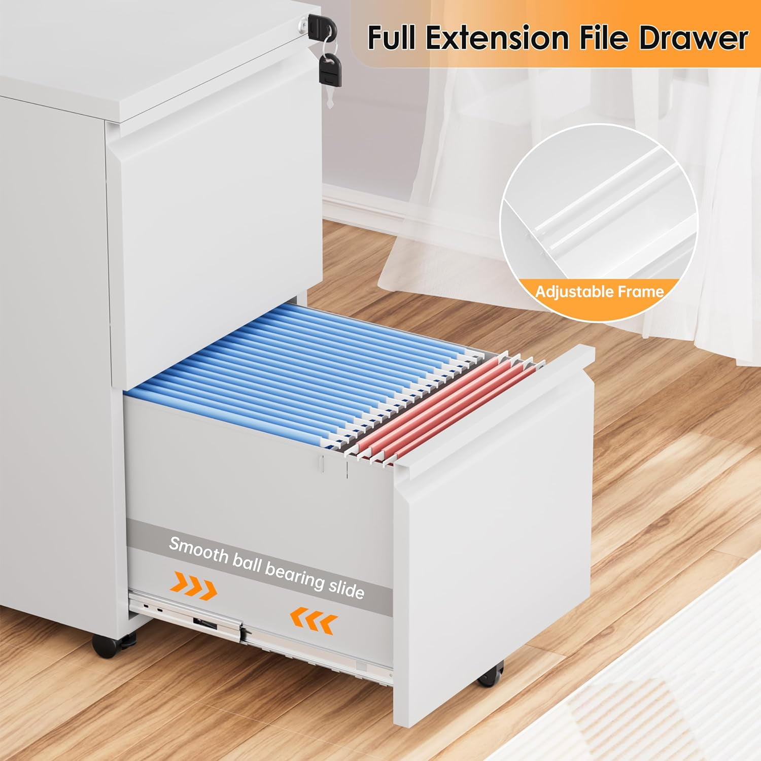 2 Drawer File Cabinet with Lock, Metal Vertical Filing Cabinet Under Desk for Legal Letter File Anti-Tilt Design Office Rolling File Cabinet(White B)