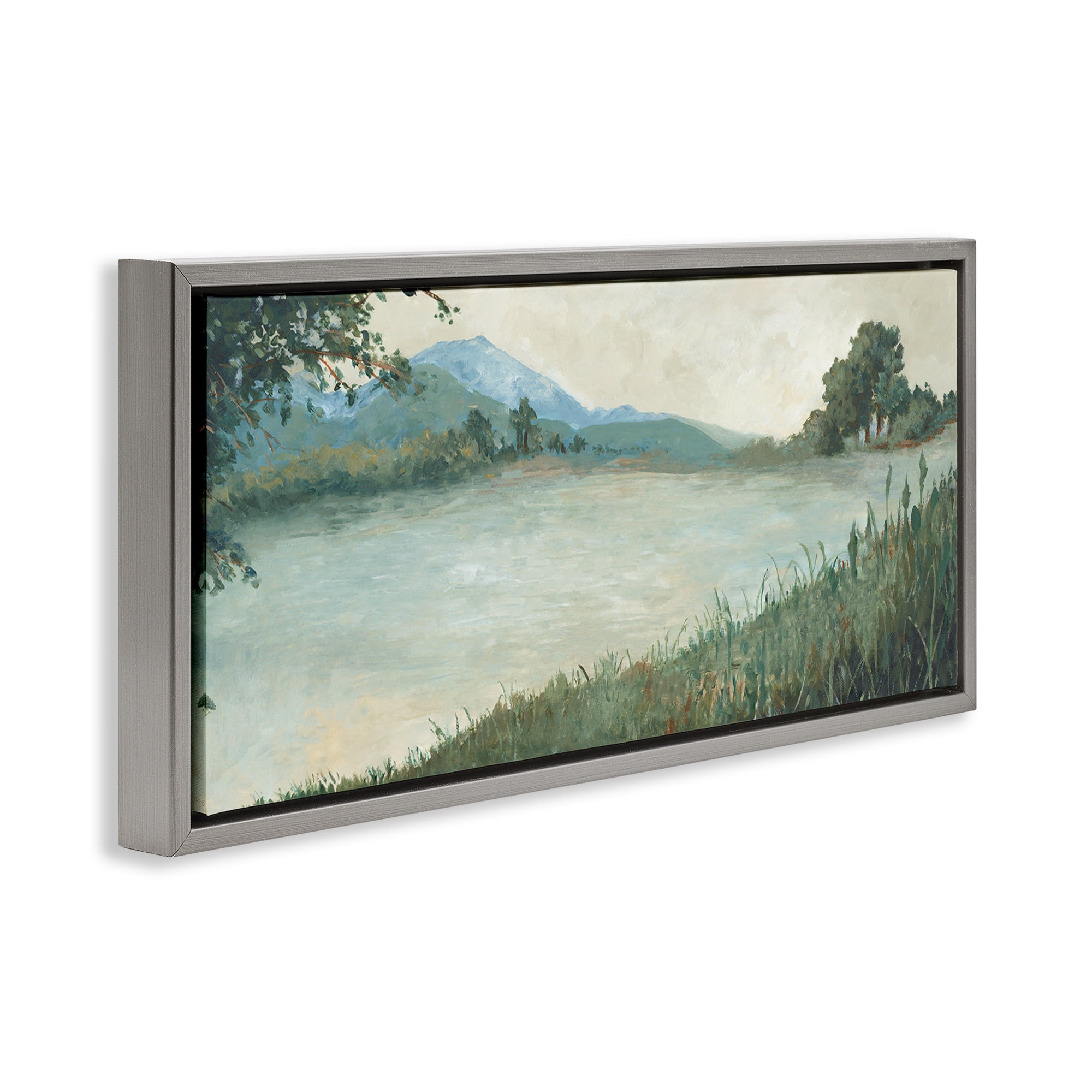 Stupell Industries Grasses by Scenic Lake Landscape & Nature Painting Gray Floater Framed Canvas Art Print Wall Art, 31 x 14