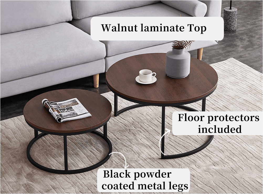 Private Jungle Round Nesting Coffee Table Set of 2 Modern Accent Coffee Table with Walnut Wooden Top and Black Metal Frame-31.5" Private Jungle Round Nesting Coffee Table Set of 2 Modern Accent Coffee Table with Walnut Wooden Top and Black Metal Frame-31.5"