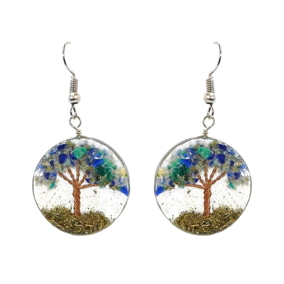 Tree of Life Crushed Chip Stone Inlay Copper Wire Round Clear Acrylic Dangle Earrings - Womens Fashion Handmade Jewelry Boho Accessories
