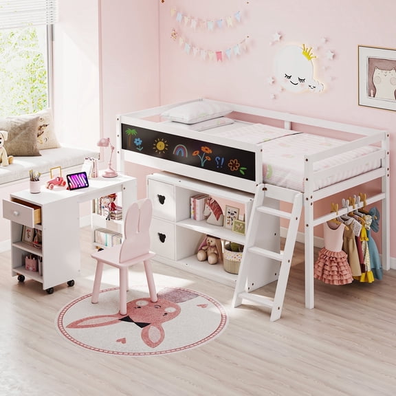 Joywind Twin Low Loft Bed with Storage & Desk for Kids Teens, Solid Wood Bed Frame