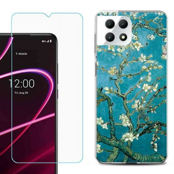 Phone Case for T-Mobile Revvl 7 5G, Shockproof Case Cover with Tempered Glass Screen Protector, by OneToughShield - Almond Blossom