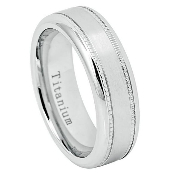 Custom Personalized Engraving Wedding Band Ring Set for Him & Her Titanium Band 7mm White IP Plated Titanium Ring with Milgrain Sides