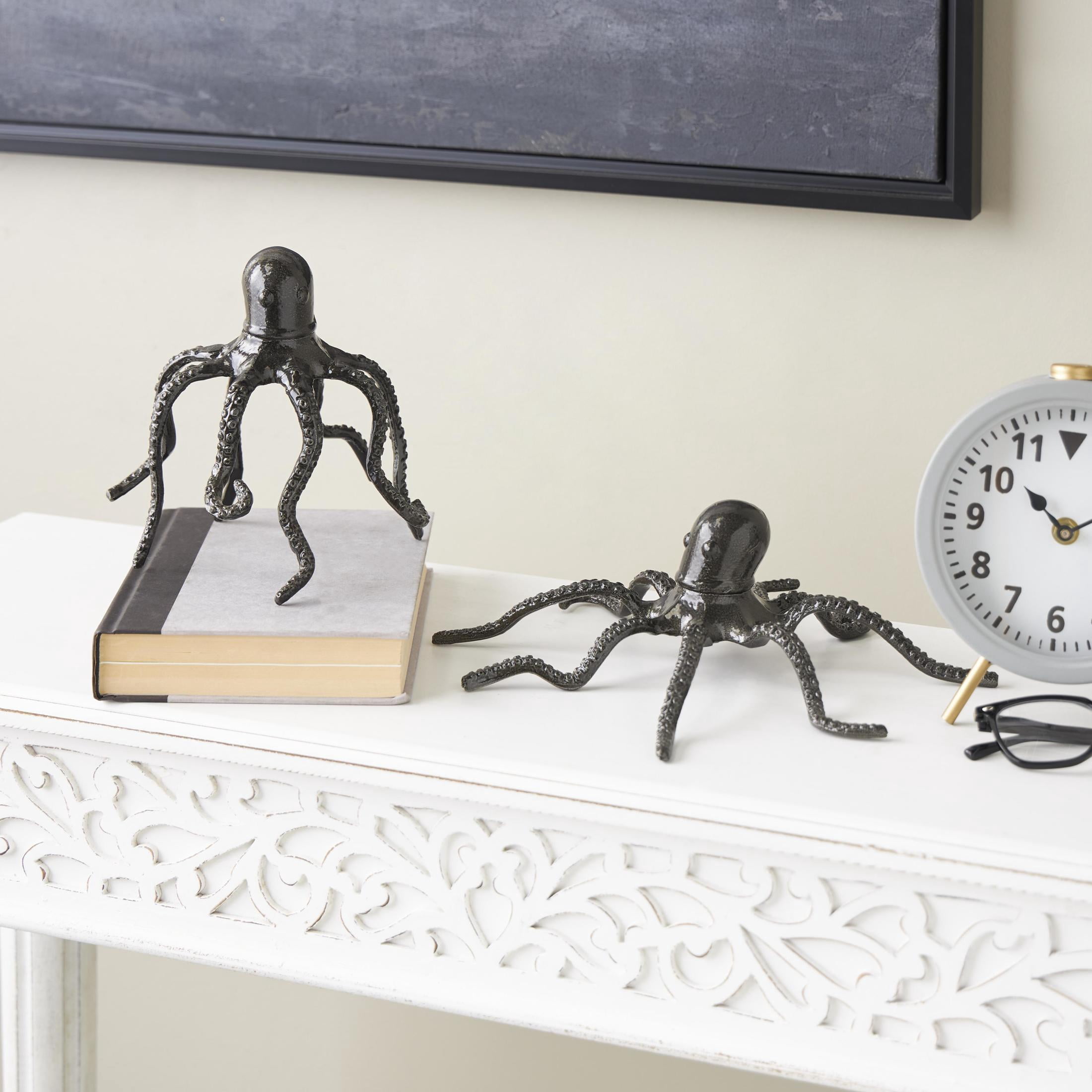 7", 3"H Black Aluminum Metal Octopus Sculpture with Textured Tentacles, by DecMode (2 Count)