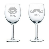 Set of 2 Wine Glasses Wedding Married Couple Mr. Mrs. Mustache Lips (10 oz)