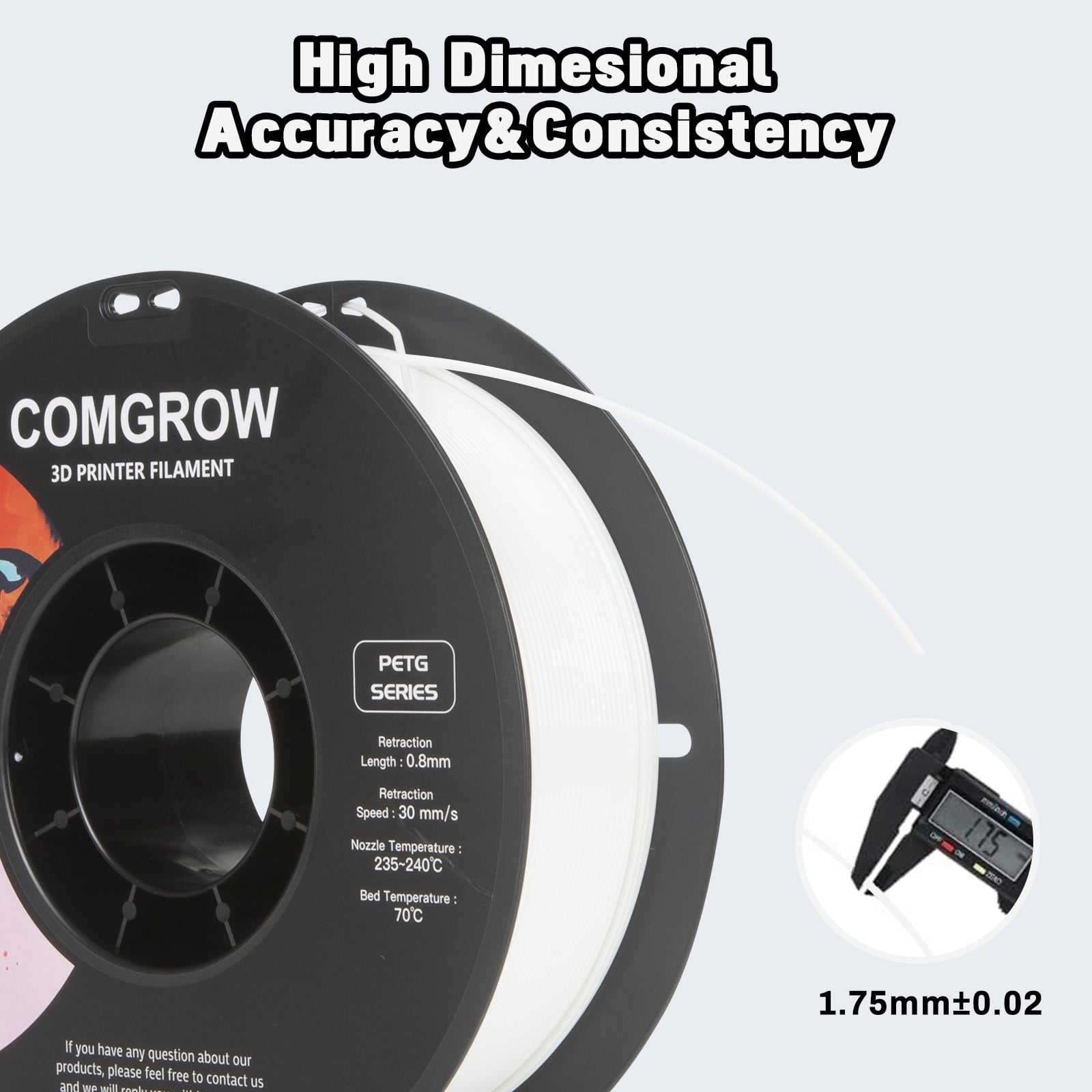 Comgrow PETG 3D Printer Filament-3D Printer Material 1.75mm Dimensional Accuracy +/- 0.02 mm, 1KG/2.2LB-White*2