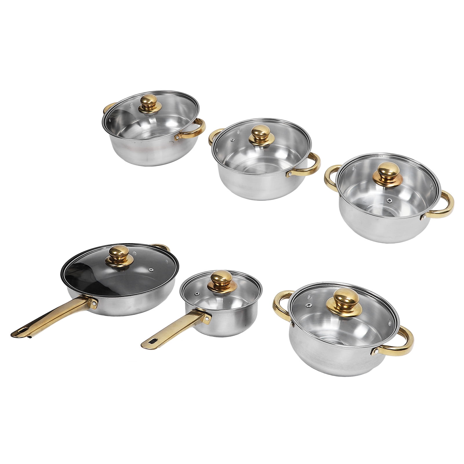 Stainless Steel Pan Pot Cookware Set, Kitchen Pan Pot Set with Gold Handles, Multifunctional for Home Cooking