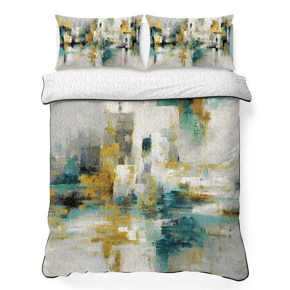 Quilts King Size Bedding Set, Beige Teal Yellow Ombre Lightweight Quilted Comforter, Modern Abstract Art Oil Painting Soft Reversible Bedspread Coverlet with Pillow Covers for All Season, 96" x 106"