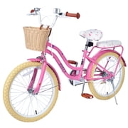 Dolonm 20 Kids Bike for Ages 7-10, Lightweight High-Carbon Steel Frame Cruiser Bicycle, Girls Bike with Wicker Basket, Rear Seat Rack, No Training Wheels, Pink