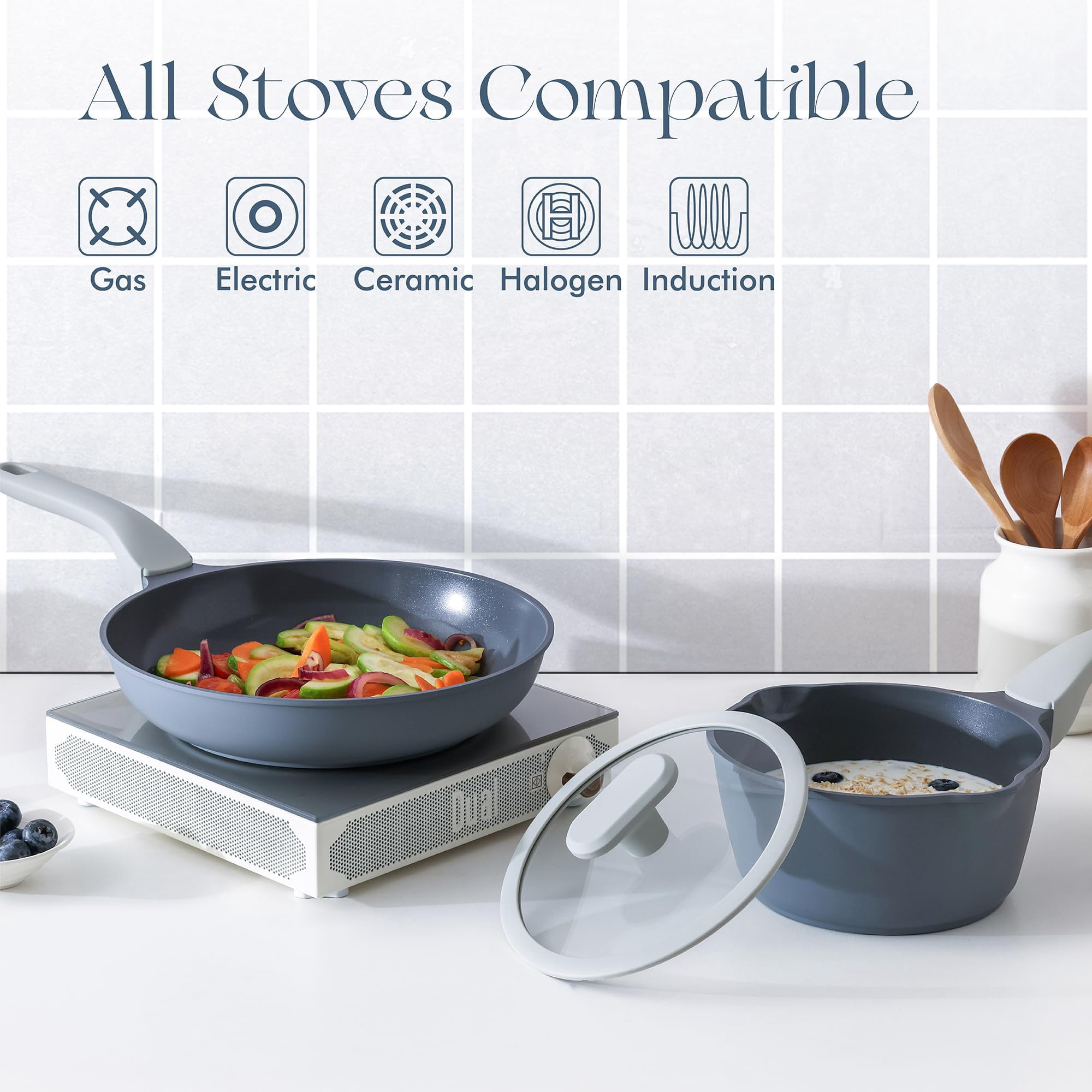 PRICUSIS Nonstick Pots and Pans Set, 9 Pieces Non Toxic Ceramic Nonstick Cookware, Healthy Omelete/Egg Skillet, Healthy Frying Pan, Induction Compatible, Blueberry Gray