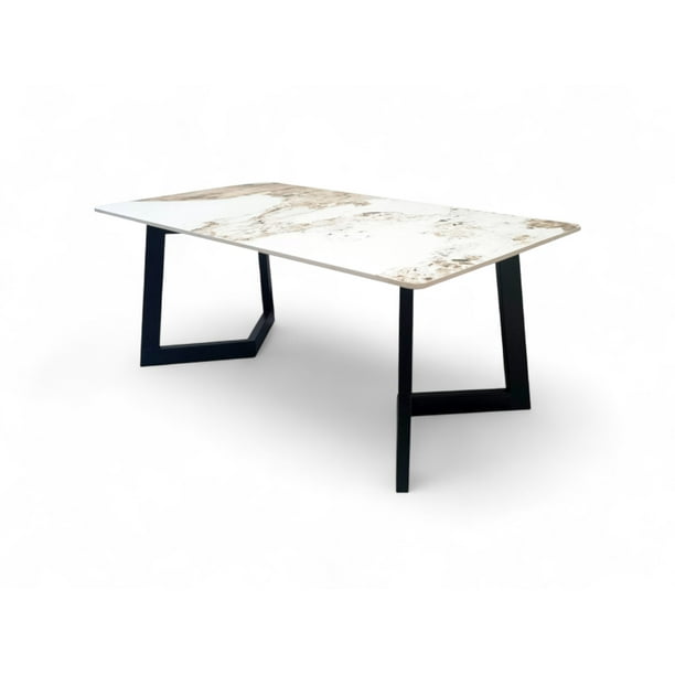 Mesa de Centro con Tapa Tipo Mármol y Patas Geométricas Negras – Bossa Sofia