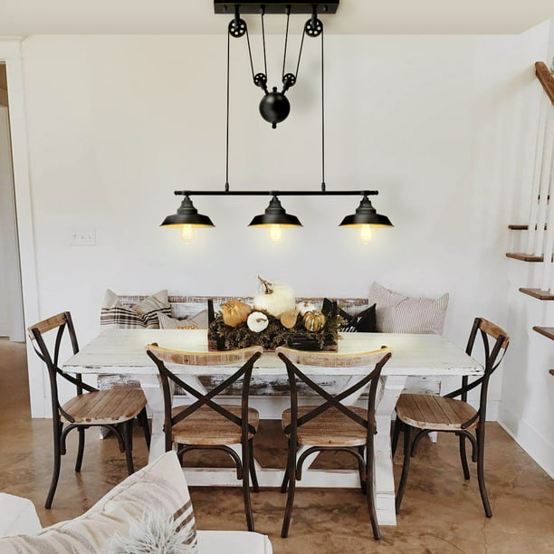 Two Three Light Pulley Pendant, Farmhouse Dining Table Light Fixtures