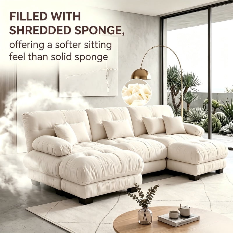 ANPPORT Cloud Couch Sleeper Sofa, Chenille Light Coffee 3-Seater Modular Sofa with 2 Ottomans, 3 Lumbar pillows,2 Pillows, Comfy Deep Seat Cloud Sofa, Convertible L-Shaped Floor Couch for Living Room