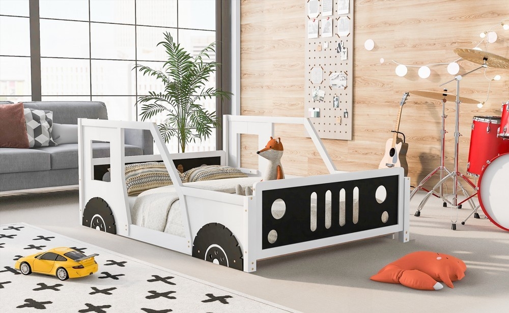 Classic White Full Size Car-Shaped Platform Bed with Wheels and Enduring Quality