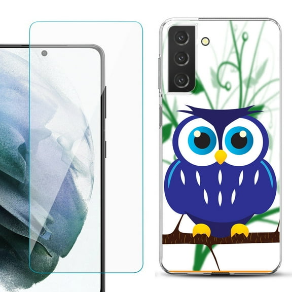 Slim-Fit TPU Fashion Phone Case for Samsung Galaxy S21 FE 5G Fan Edition, with Tempered Glass Screen Protector, by OneToughShield ® - Blue Owl