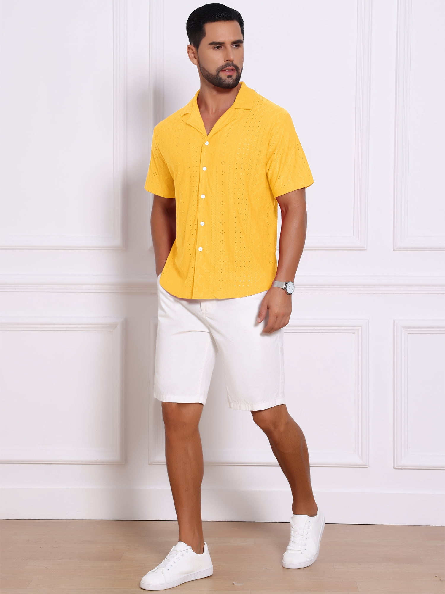 DARING DIVA Men's Hollow Texture Knit Short Sleeve Camp Collar Shirt 2XL Yellow