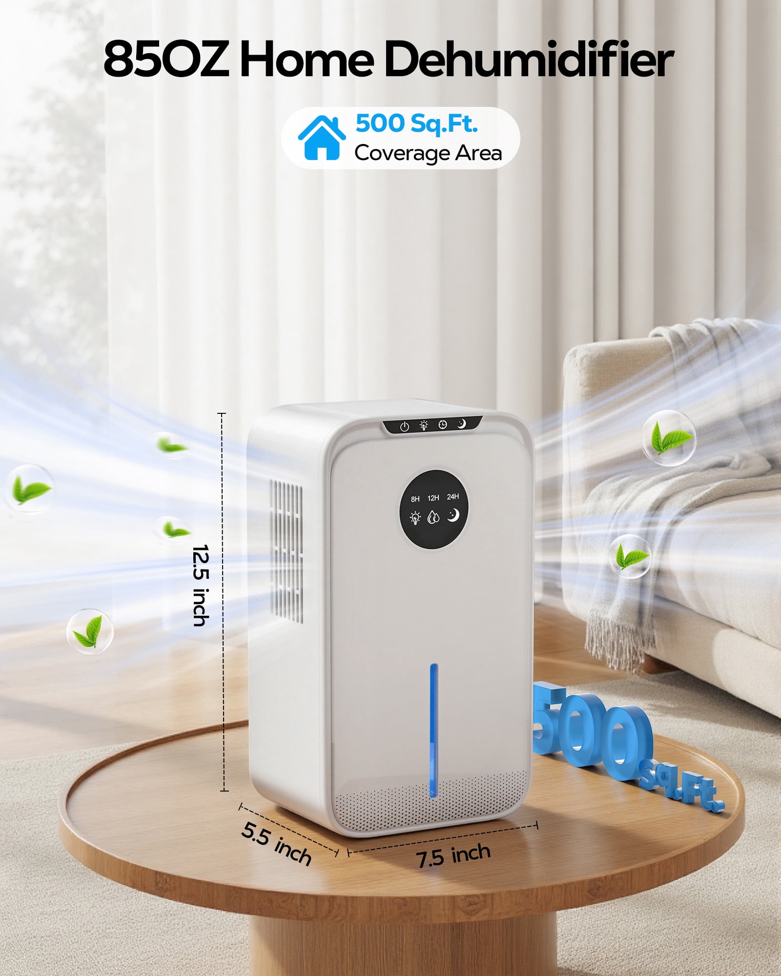 OHHANI Dehumidifier 85 oz Large Capacity, 500 sq.ft. Touch Control, Timer and Auto Shut-Off, Suitable for Bedrooms Basements and Garages