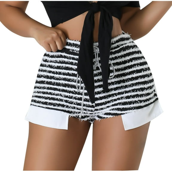 MIUOWANP Shorts for Women Trendy Summer 2024 High Waisted and Wide Legged Sports Shorts Plush Striped Print Skinny Shorts Size M(6)Black