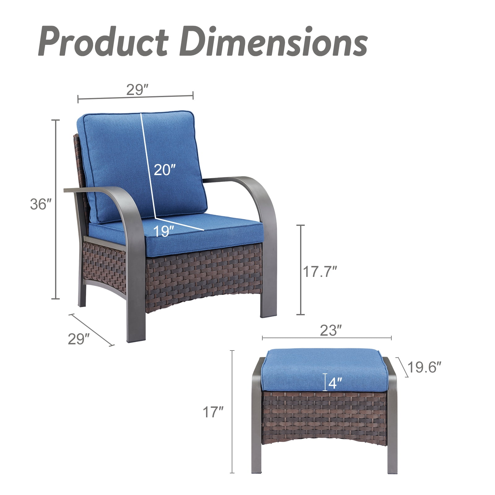 OPOHORO 4-Piece Patio Conversation Set with 2 Patio Lounge Chairs and 2 Ottomans, PE Wicker Outdoor Furniture with Blue Cushions for Porch or Backyard